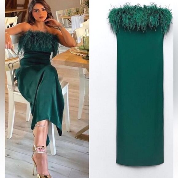 ZARA BLOGGER'S FAVE | NWT Zara - Green Feather Satin Effect Strapless Dr
